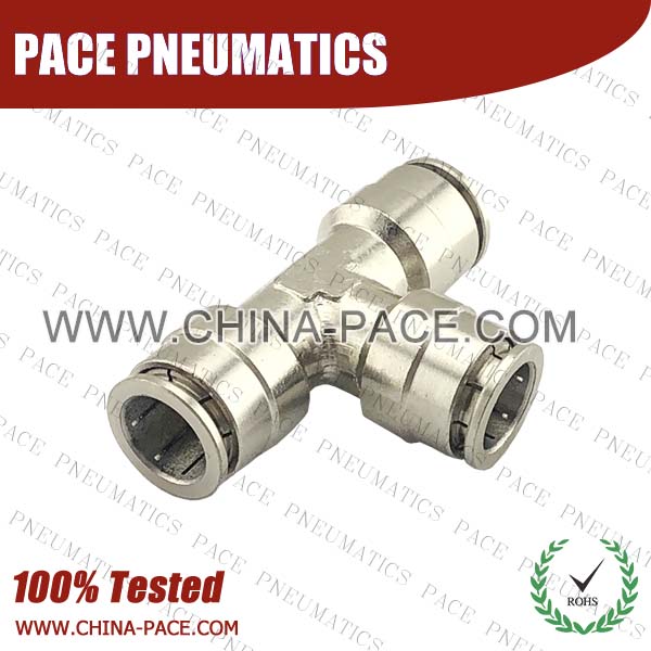 Union Tee Camozzi Type Brass Push In Air Fittings, All Brass Pneumatic Fittings, Nickel Plated Brass Air Fittings, Full Brass Push To Connect Fittings, one touch tube fittings, Push In Pneumatic Fittings